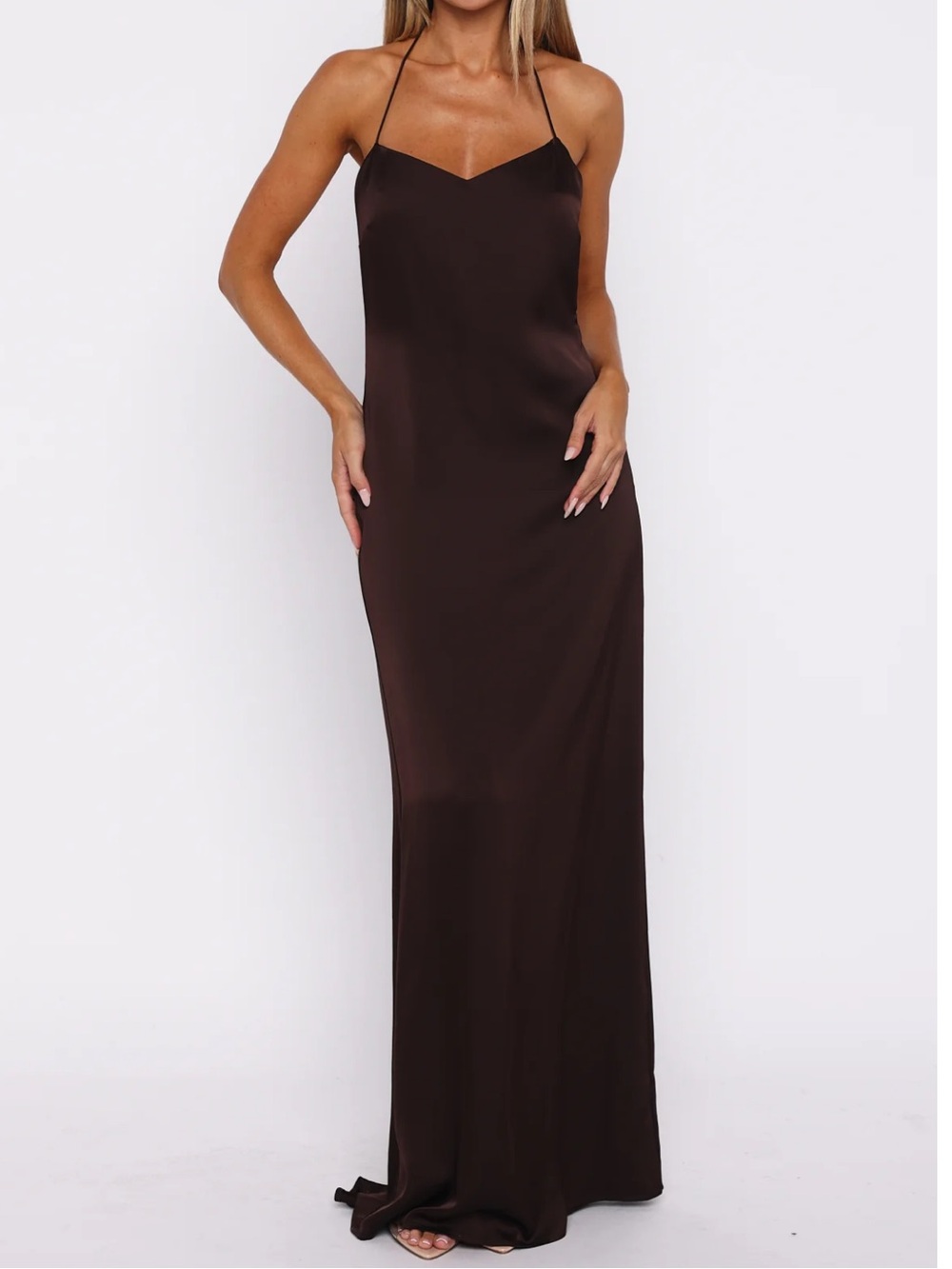 White Fox Amore Maxi Dress Brown Satin